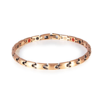 Russet copper negative ion bracelet with interlocking puzzle links, front clasped view.